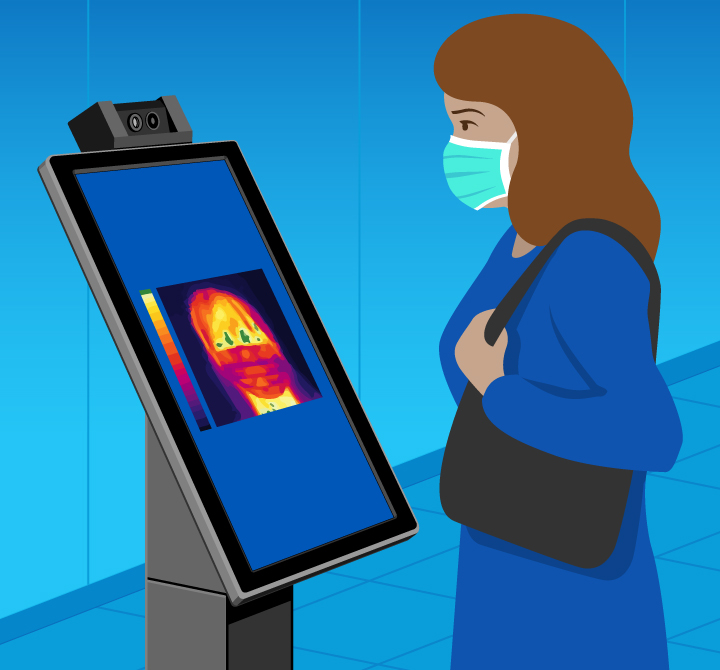 Woman receiving temperature scan on podium